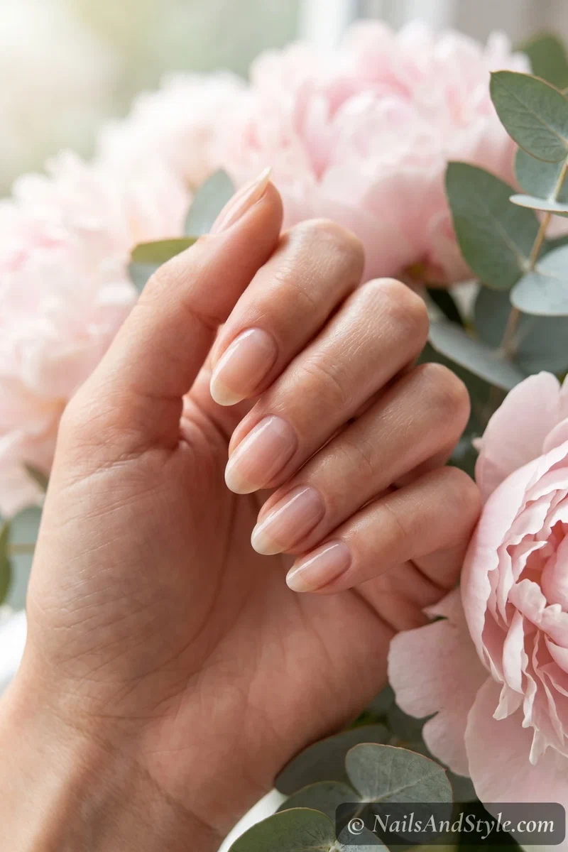 Healthy sheer-nude natural nails resting among soft blush peonies and greenery