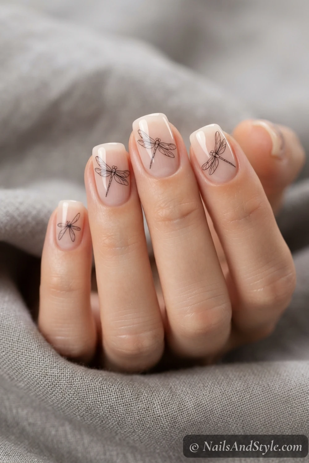 Black line-art dragonfly nails