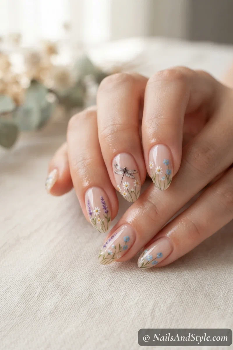 Nails with dragonfly and tiny florals