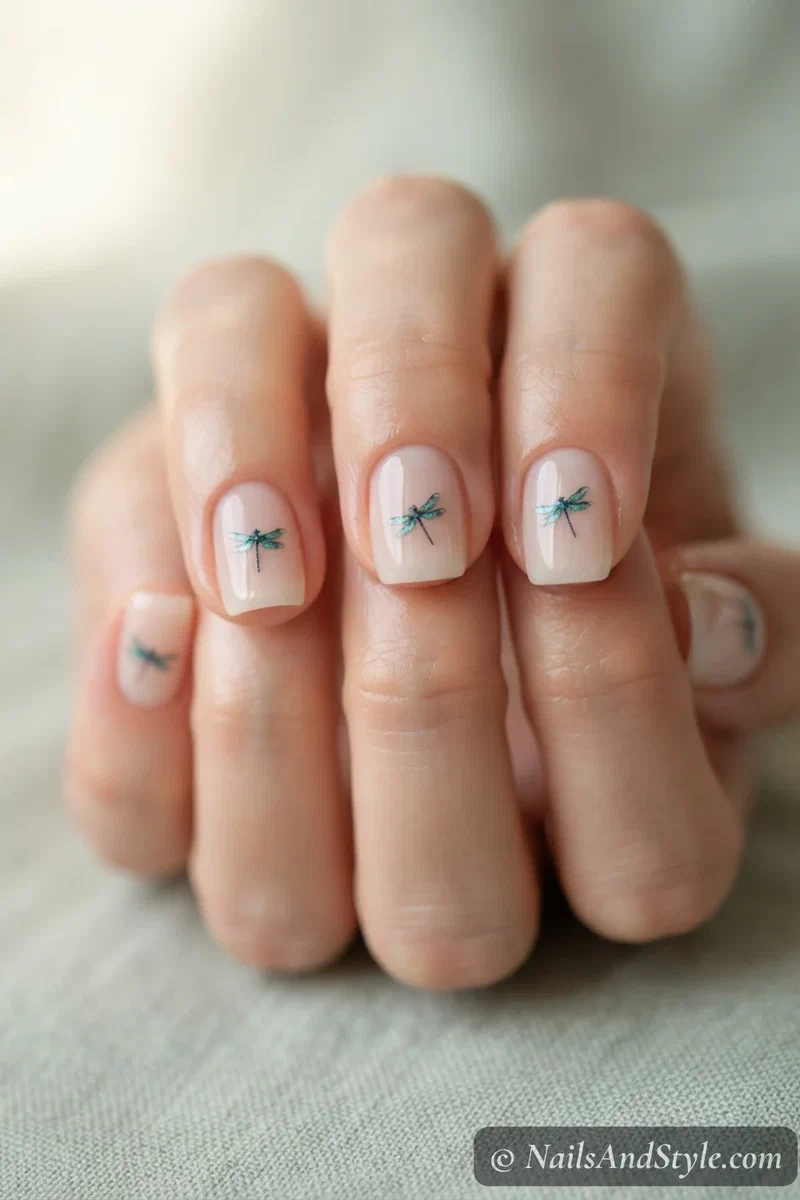 Nails with a small dragonfly near the cuticle
