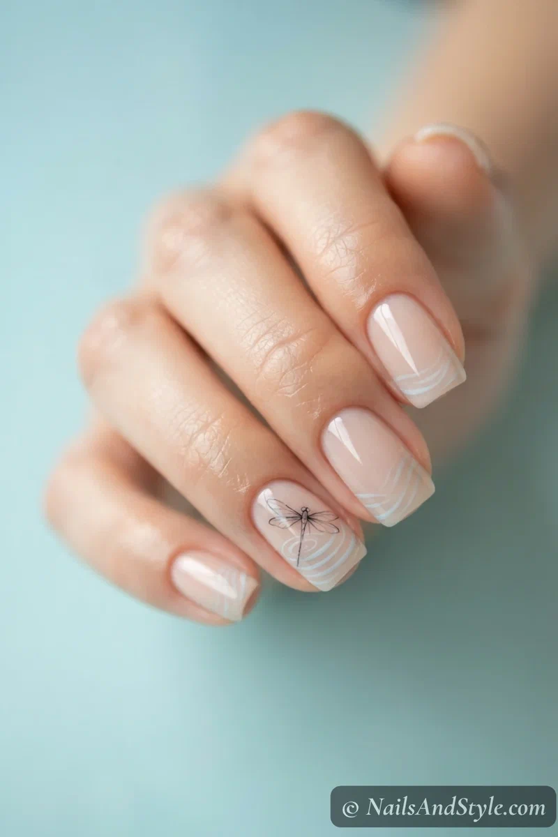 Nails with dragonfly over water ripples
