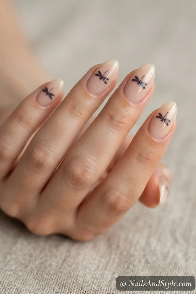Nails with small dragonfly silhouettes near the tips