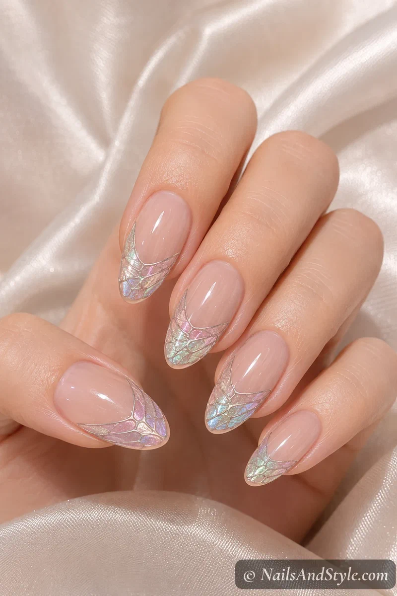 French tip nails with dragonfly wing texture