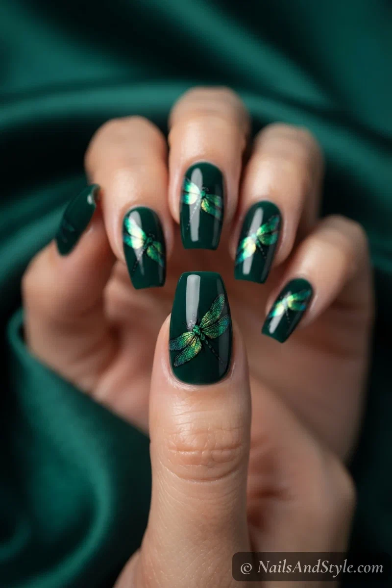Dark nails with emerald iridescent dragonfly