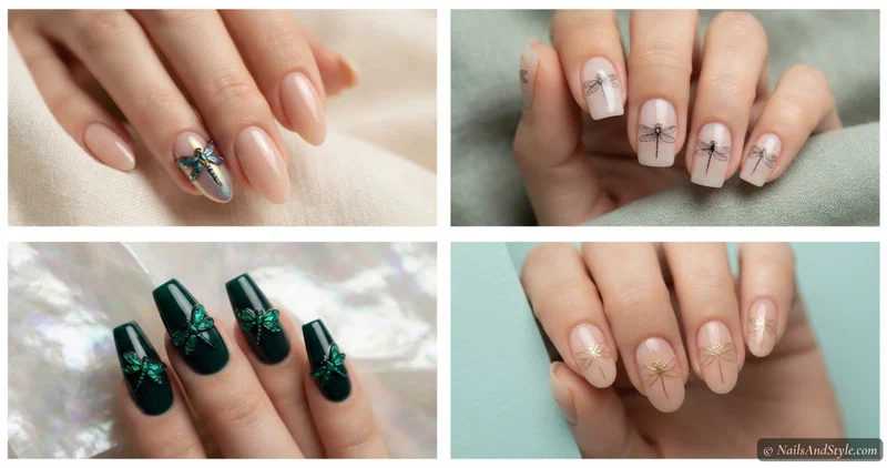 Collage of dragonfly nail designs with iridescent wings, black line-art dragonfly, emerald dragonfly, and gold dragonfly
