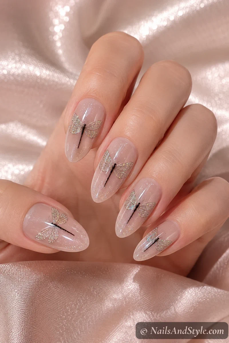 Nails with glittery dragonfly wings