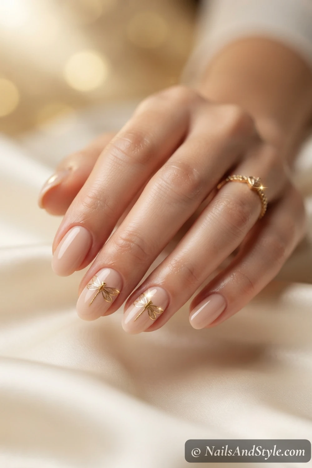 Gold dragonfly on nude nails
