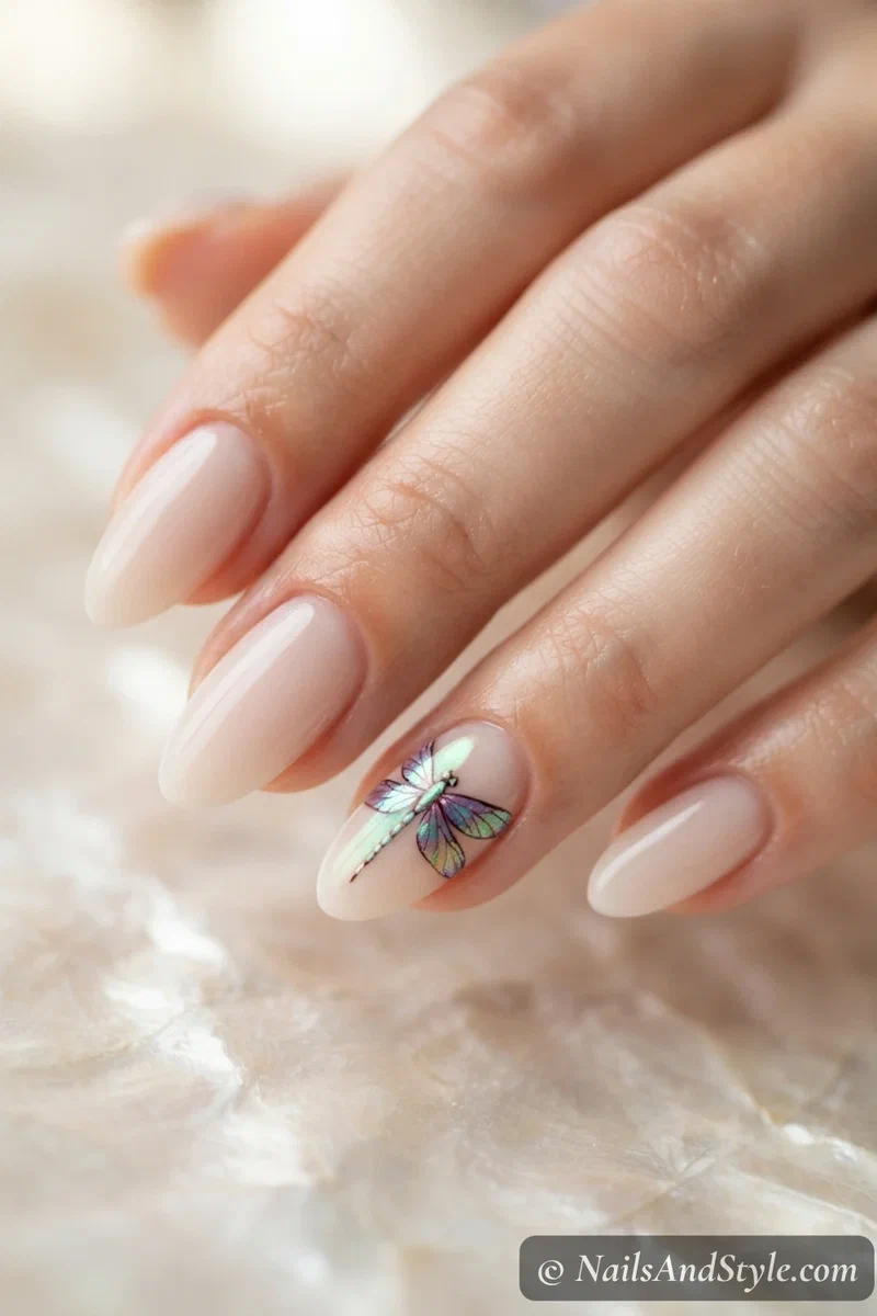 Nail with iridescent color-shifting dragonfly wings