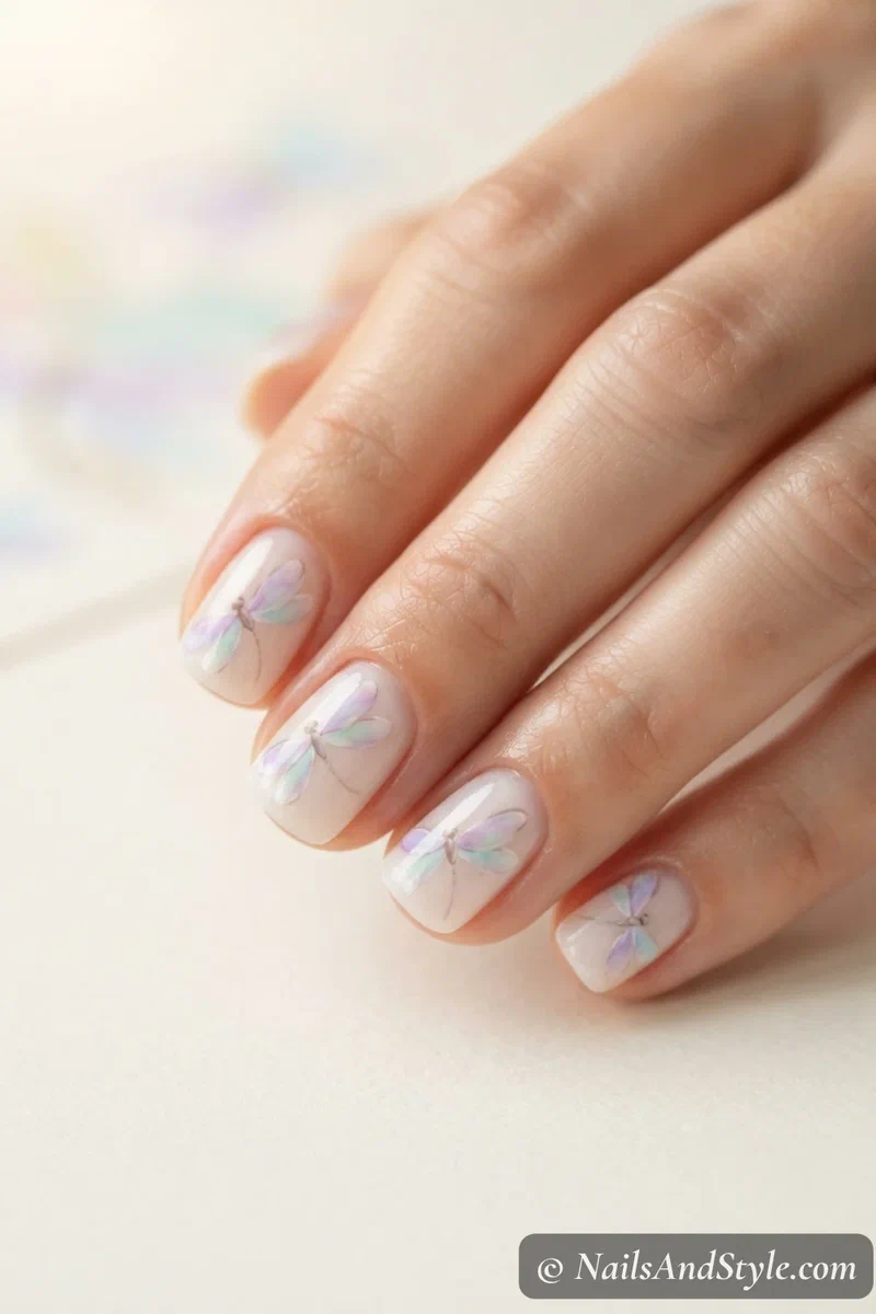 Milky nails with a pastel dragonfly