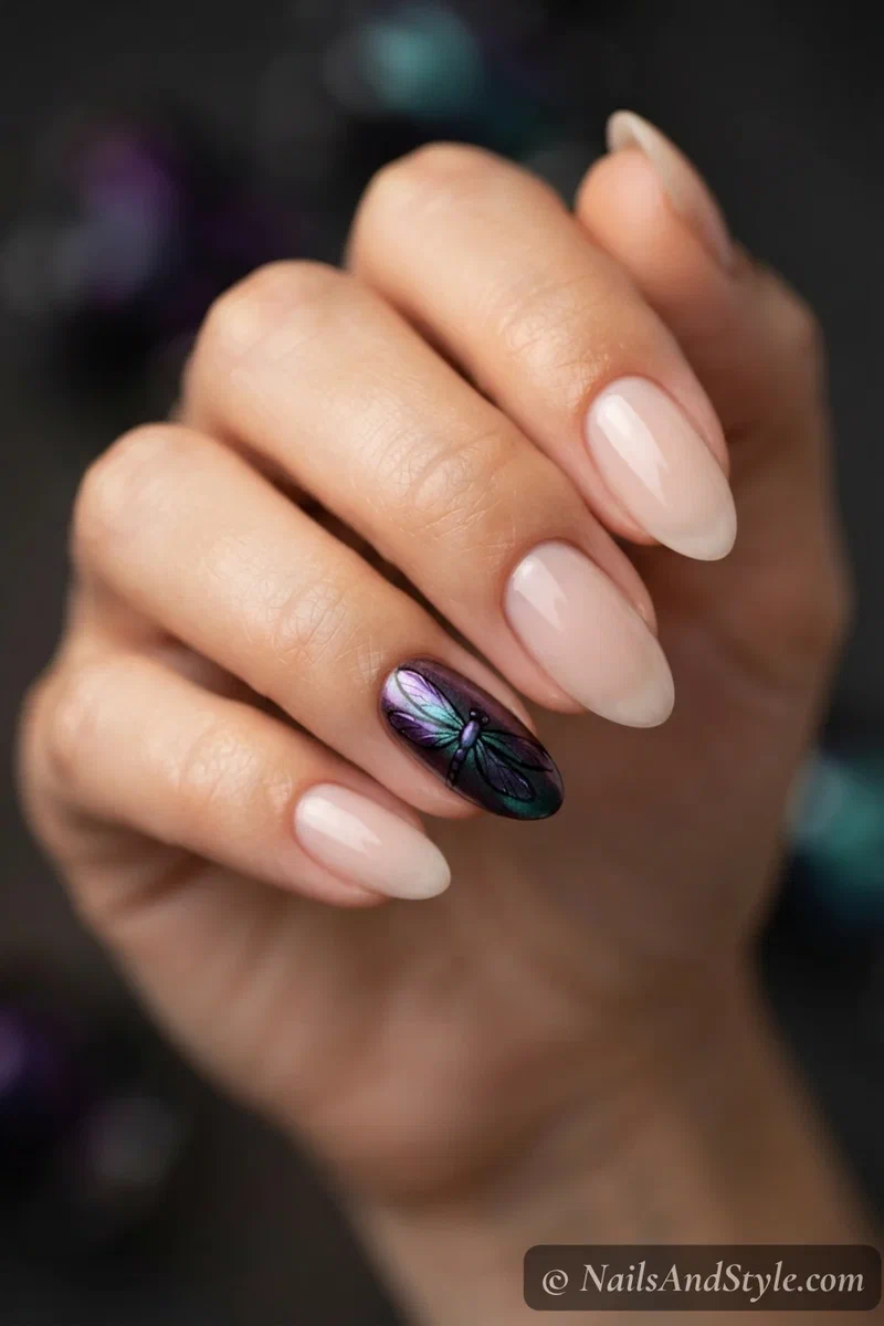 Nails with purple to teal color-shift dragonfly