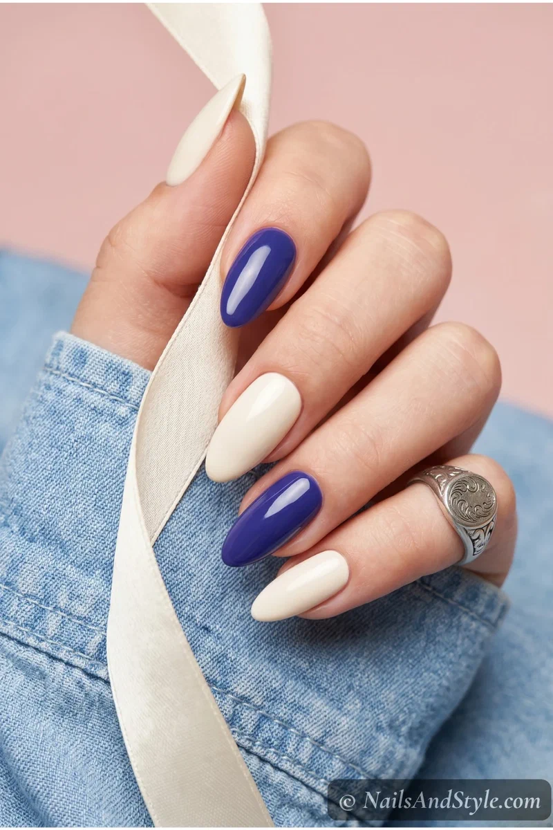 Two-toned blueberry and cream nails with alternating deep berry and vanilla shades on almond nails
