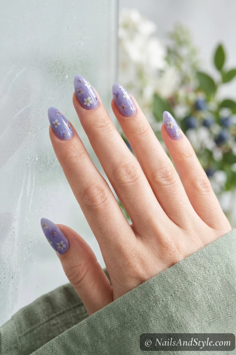 Blueberry milk bath nails with pressed dried flower decals under glossy top coat on almond nails