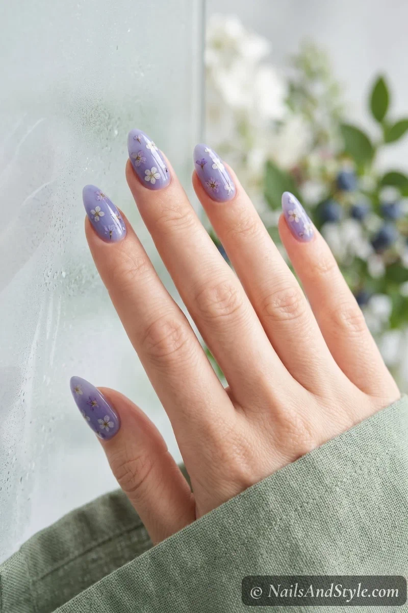Blueberry milk bath nails with pressed dried flower decals under glossy top coat on almond nails