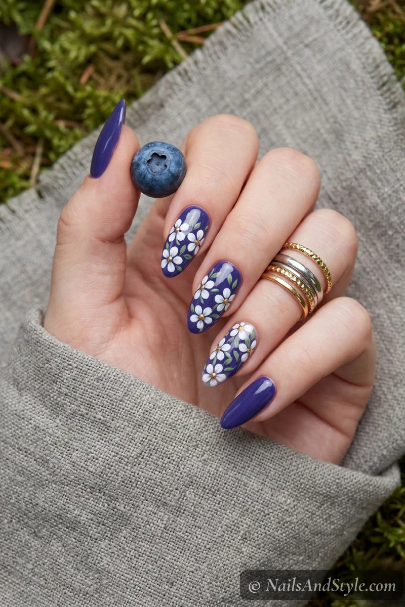 Blueberry nails with delicate white floral accent nail art and gold centers on almond nails