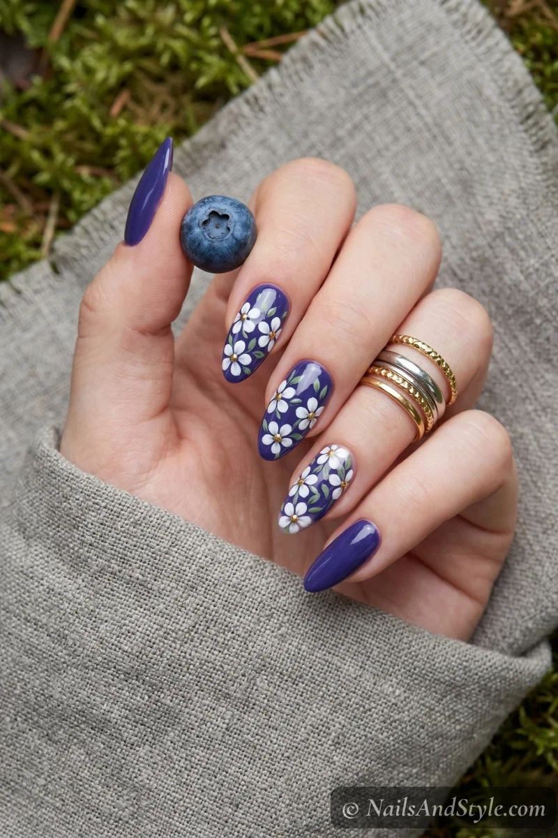 Blueberry nails with delicate white floral accent nail art and gold centers on almond nails