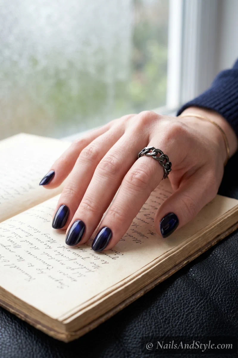 Dark blueberry nails with deep blue-violet undertone visible in light on short almond nails
