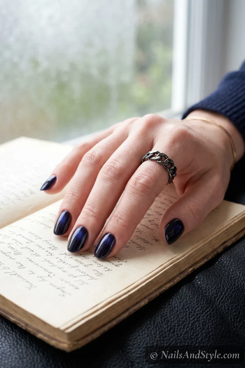 Dark blueberry nails with deep blue-violet undertone visible in light on short almond nails