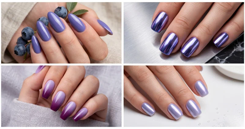 Collage of four blueberry nail designs featuring classic cream, chrome, ombre, and glazed donut finishes