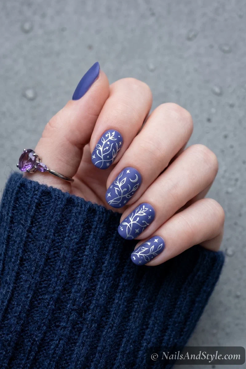 Matte blueberry purple nails with velvety finish on short almond nails