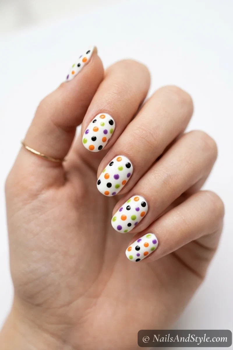 White nails scattered with small orange, black, purple, and lime green dots