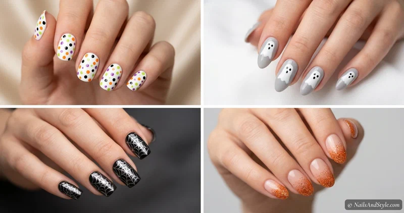 Four easy Halloween nail designs — confetti dots, a one-stroke white ghost, a corner spider web, and orange glitter tips