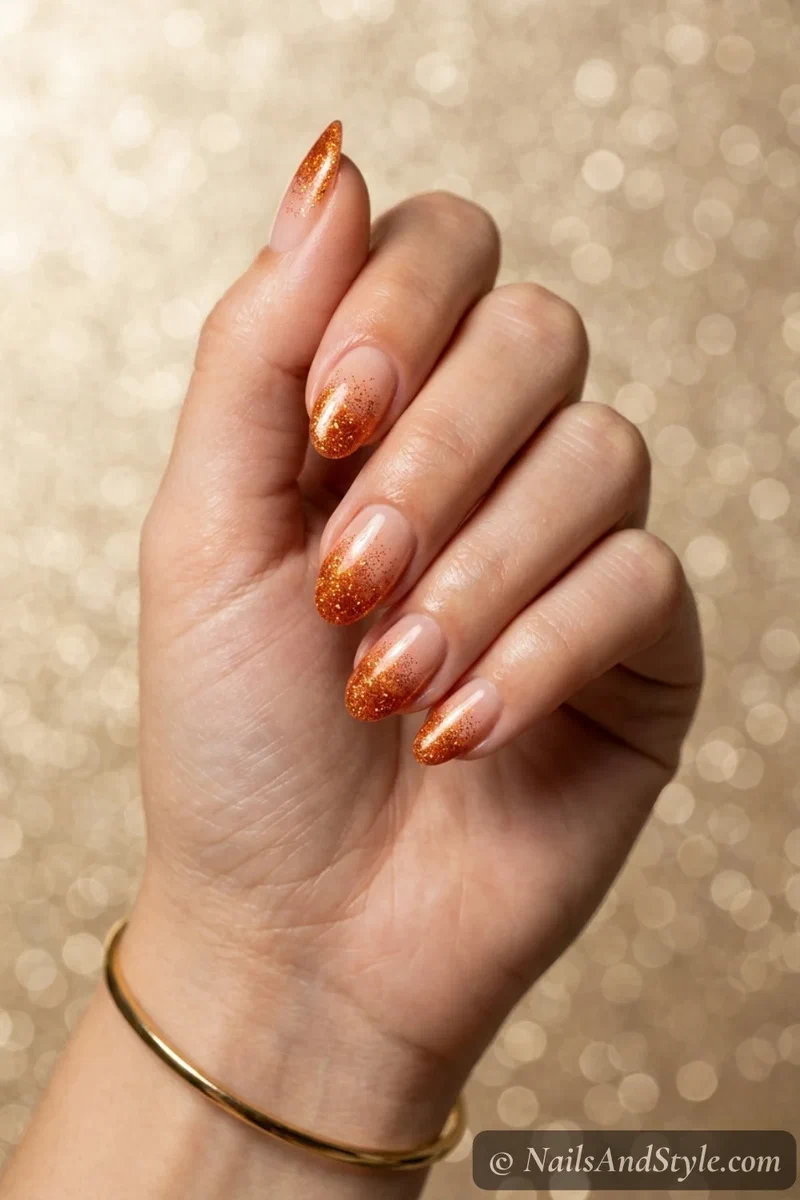 Nude nails with orange glitter faded onto the tips
