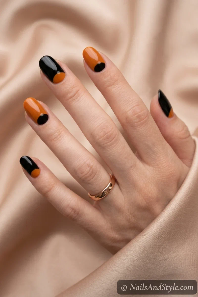 Nails with a clean half-moon at the cuticle in orange and black