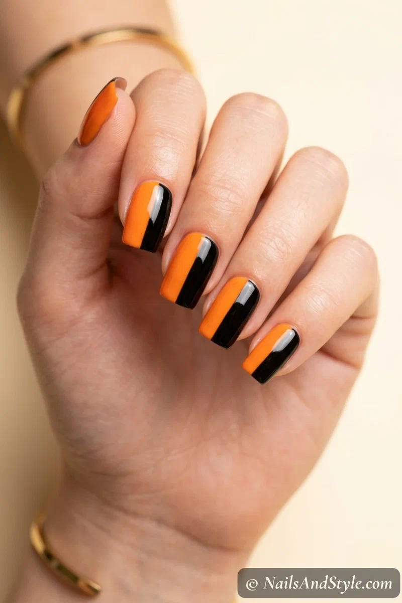 Nails split into clean orange and black color blocks