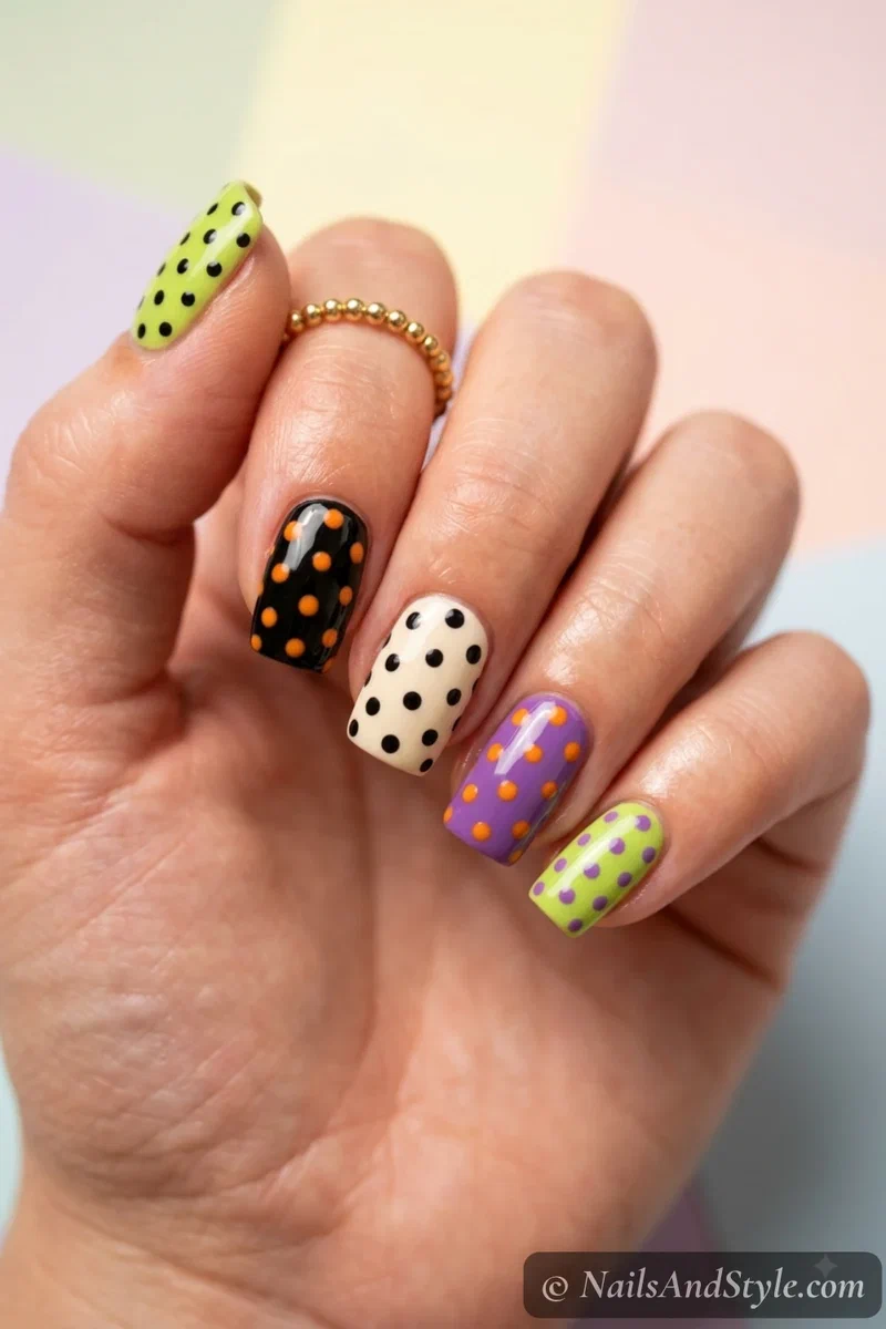 Nails each with a different mismatched dot color combination in Halloween shades
