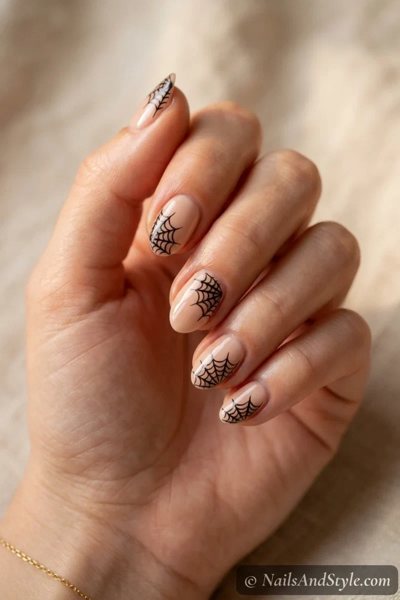 Nude nails with a thin black spider web tucked into the top corner