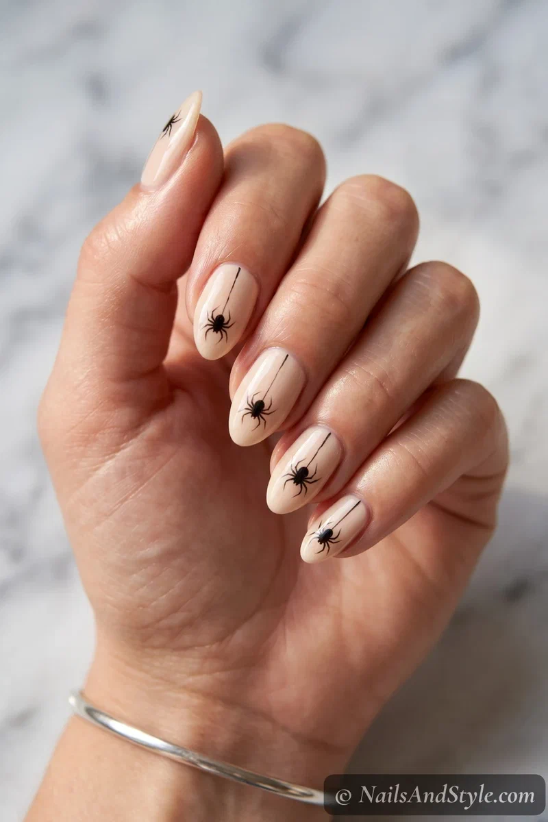 Nude nails with a small black spider dangling from a thin thread line