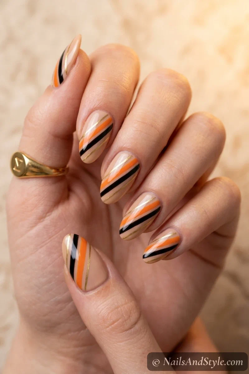 Nails with clean diagonal stripes in orange, black, and metallic