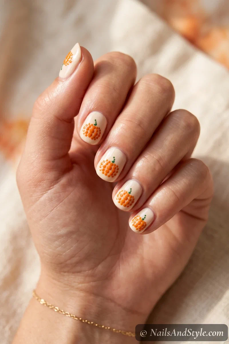Cream nails with small orange pumpkins made from clustered dots with green stems