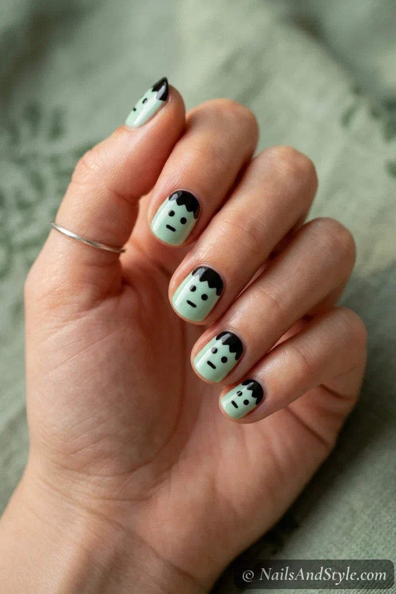 Mint green nails with a black hair stripe and dot eyes for a Frankenstein look
