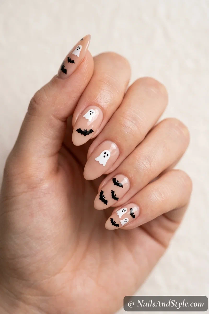 Nude nails with small Halloween decal stickers of ghosts and bats