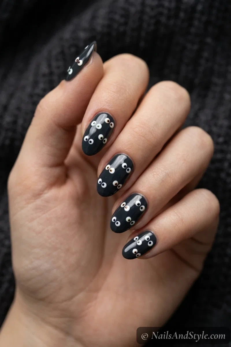 Dark charcoal nails with clusters of small white and colored eyes peeking out