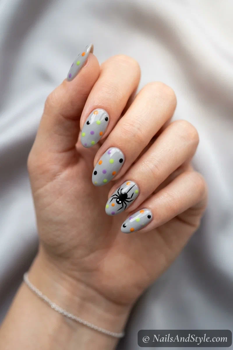 Soft grey nails with a black dot-body spider with toothpick legs on an accent nail