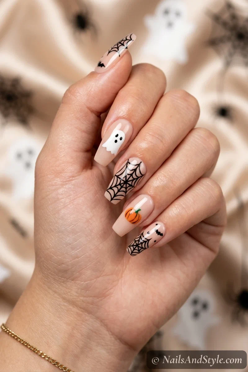 Halloween press-on nails with spooky designs applied to the hand