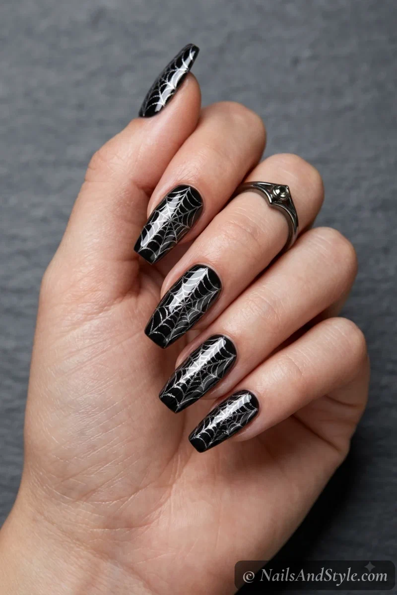 Black nails with a shimmery metallic silver spider web
