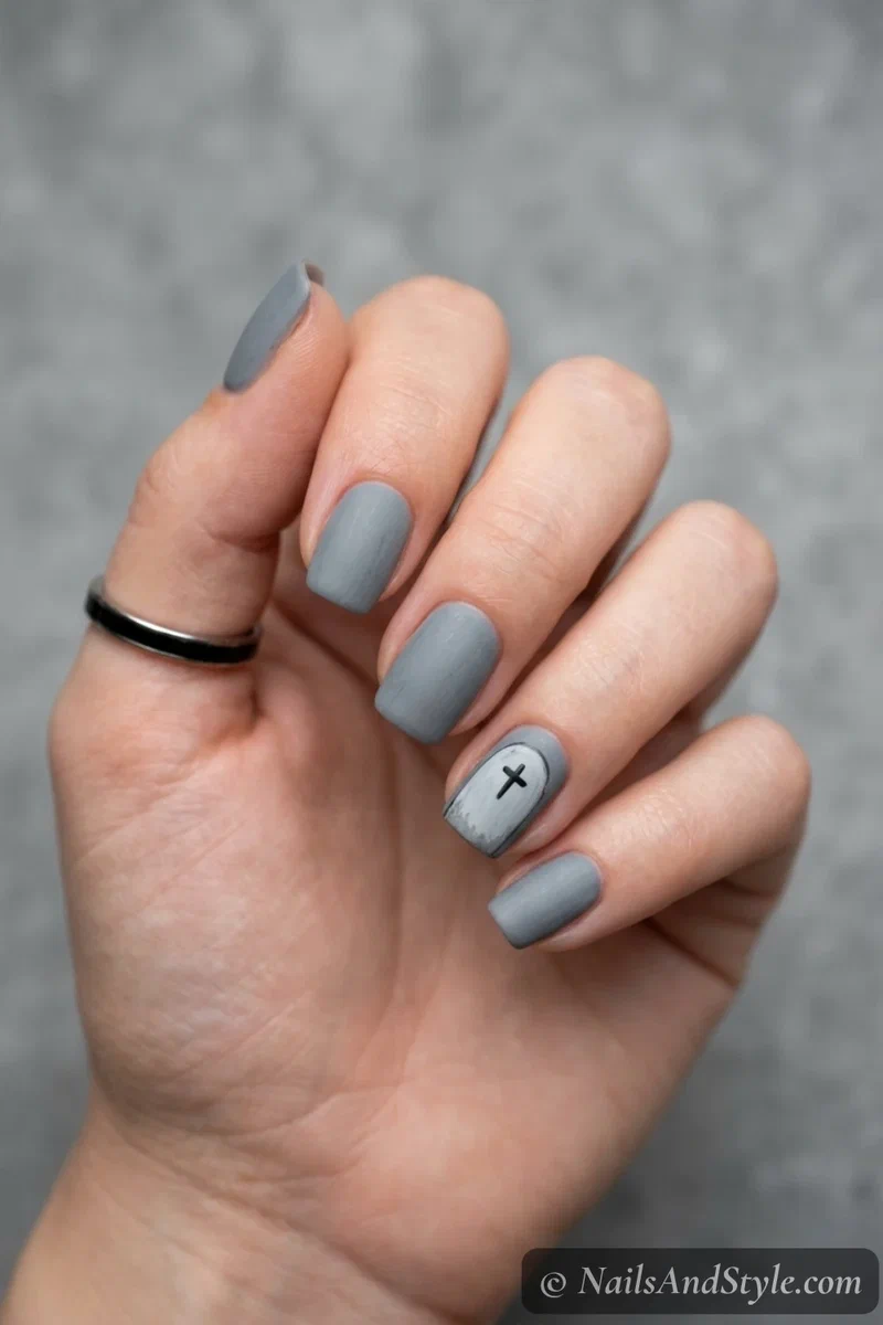 Dusty grey nails with a simple grey tombstone and a small black cross on an accent nail