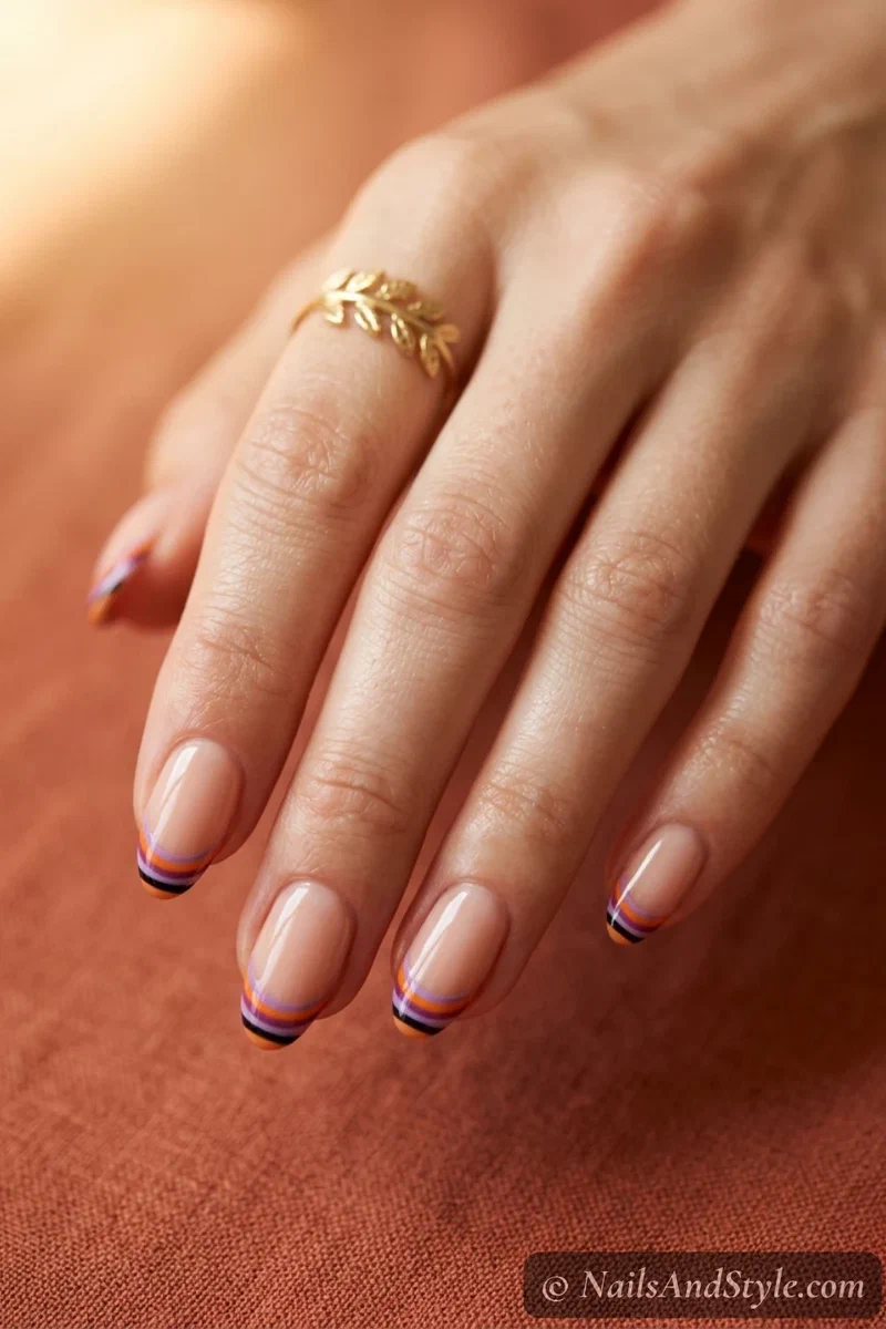 Nude nails with striped tips in orange, purple, and black
