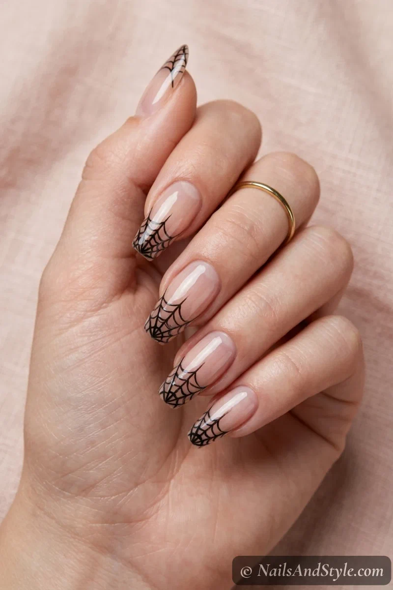 Sheer nails with thin black spider web lines along the tips