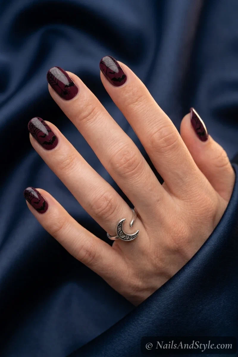 Navy nails with crisp stamped Halloween patterns of bats and webs