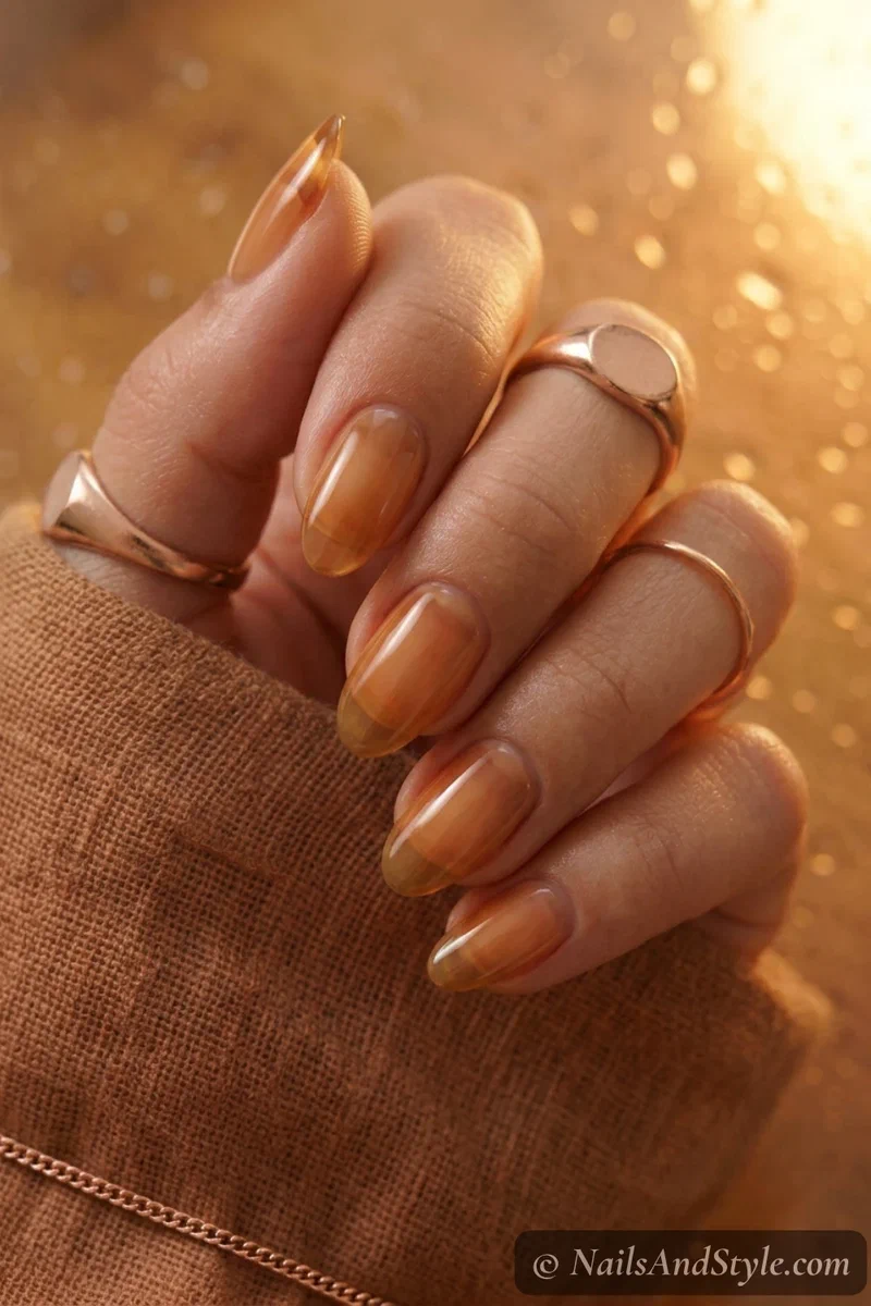 Amber jelly nails with a sheer translucent warm amber honey on medium almond nails