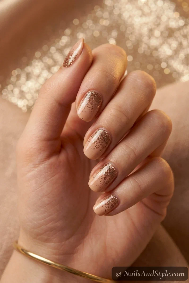 Bronze glitter fade nails with fine bronze glitter densest at the cuticle over a warm nude base, medium almond nails