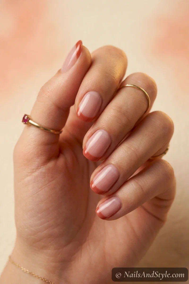 Burnt coral tip nails with warm burnt-coral French tips over a sheer nude base on medium squoval nails