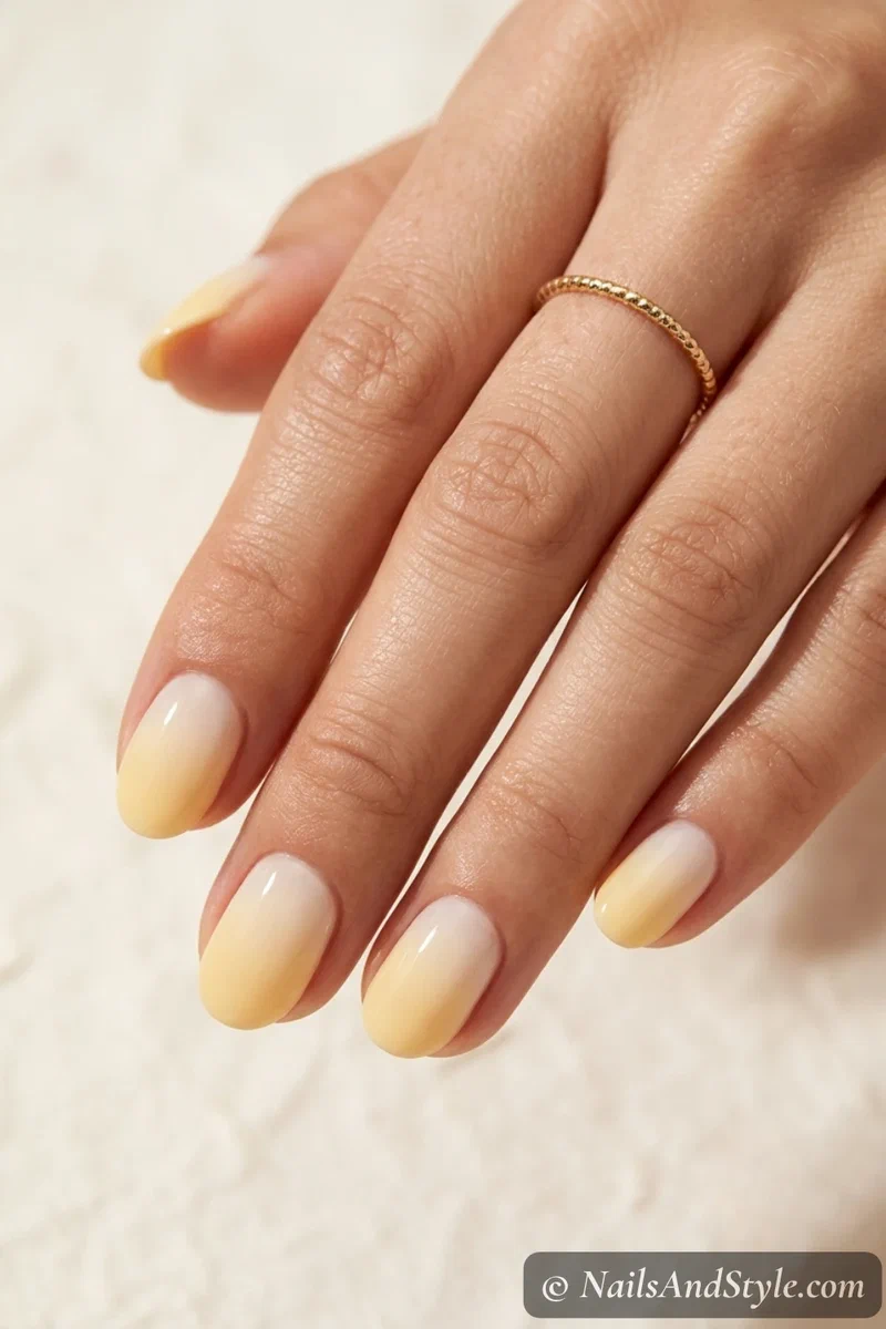 Butter yellow fade nails with a creamy pale yellow fading into milky white on short oval nails