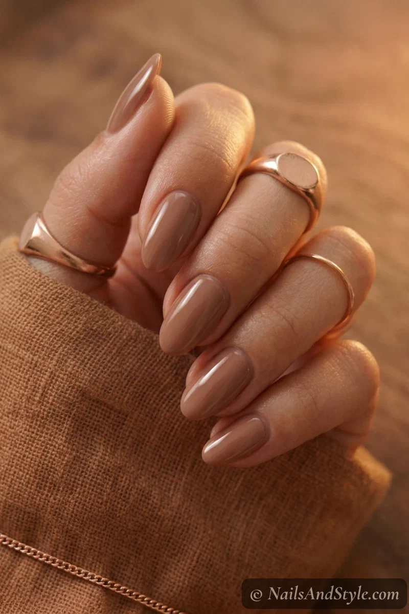 Cocoa cream nails with a warm milky cocoa brown and glossy finish on short oval nails