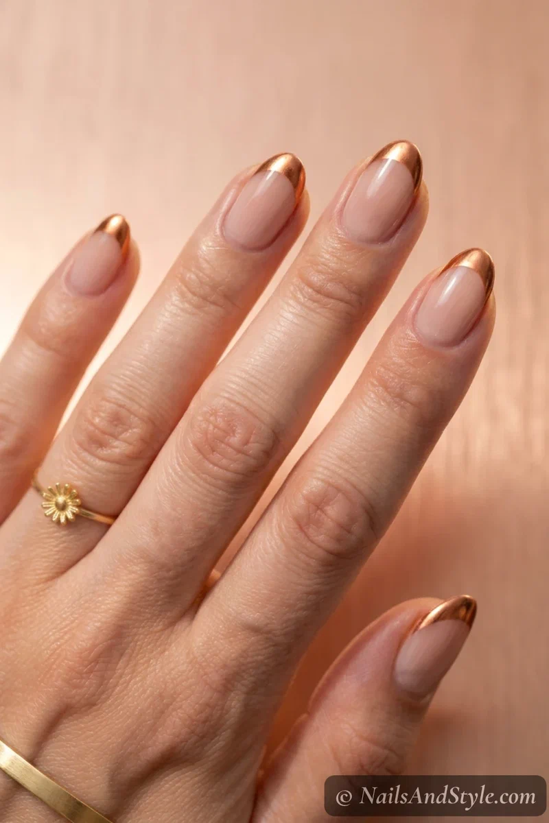 Copper glow tip nails with warm copper chrome tips over a nude base on medium almond nails