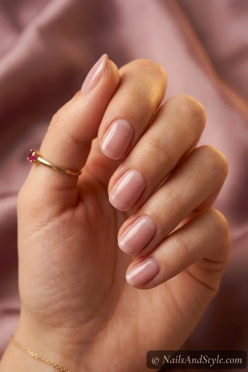 Dusty rose milk nails with a soft milky dusty pink and glossy finish on short oval nails